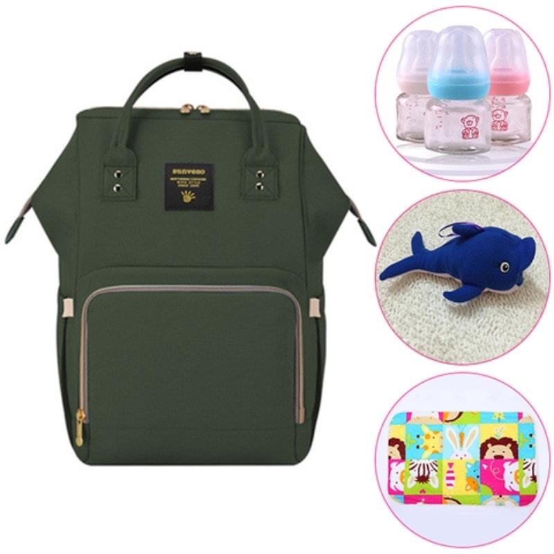 4 in 1 - Nappy Backpack, Baby Bottles, stuffed Toy, Changing Mat Sheet