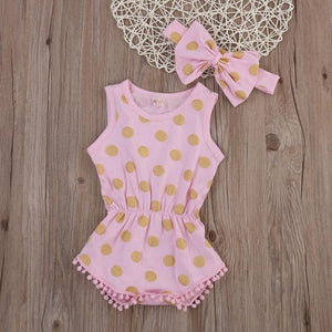 Polka Dot Baby Romper With Matching Bow - Pink Color
